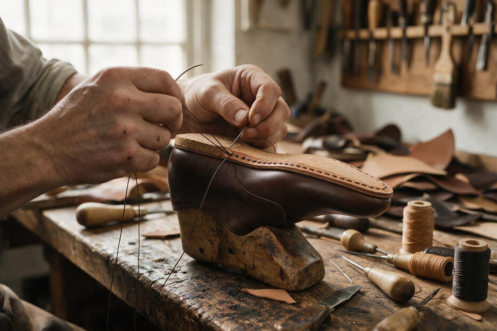 Artisan hand-stitching the welt of a leather shoe