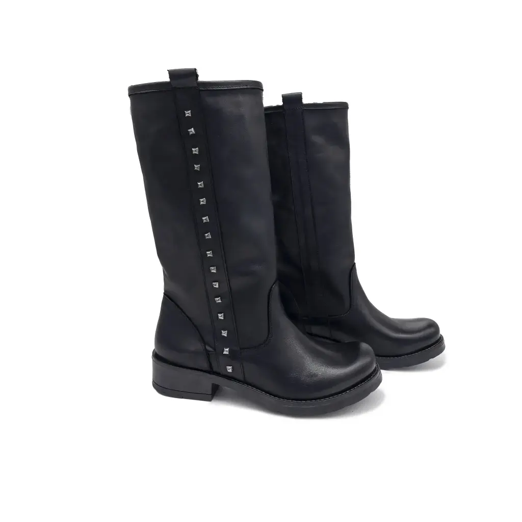 ST.200BNR Stivale biker donna con borchie esterne in vera pelle nera