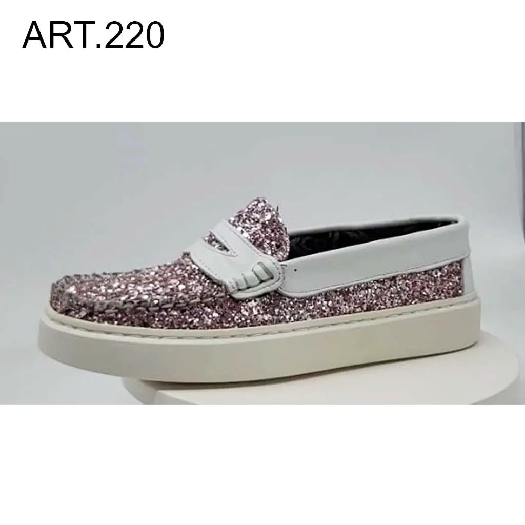 ART.220 Glitter Pink Leather Loafers Sports Top-Stitching Made in Italy