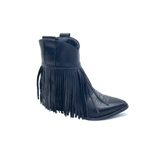 Tex30.02 Stivaletti texani con frange in vera pelle nera