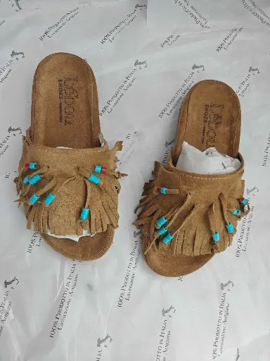 ART.280 - Sandali Boho Chic in Camoscio Beige con Frange e Perline Turchesi - Made in Italy