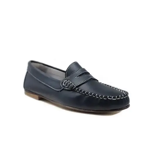 ART.216 Mocassini in pelle blu con impunture, Made in Italy